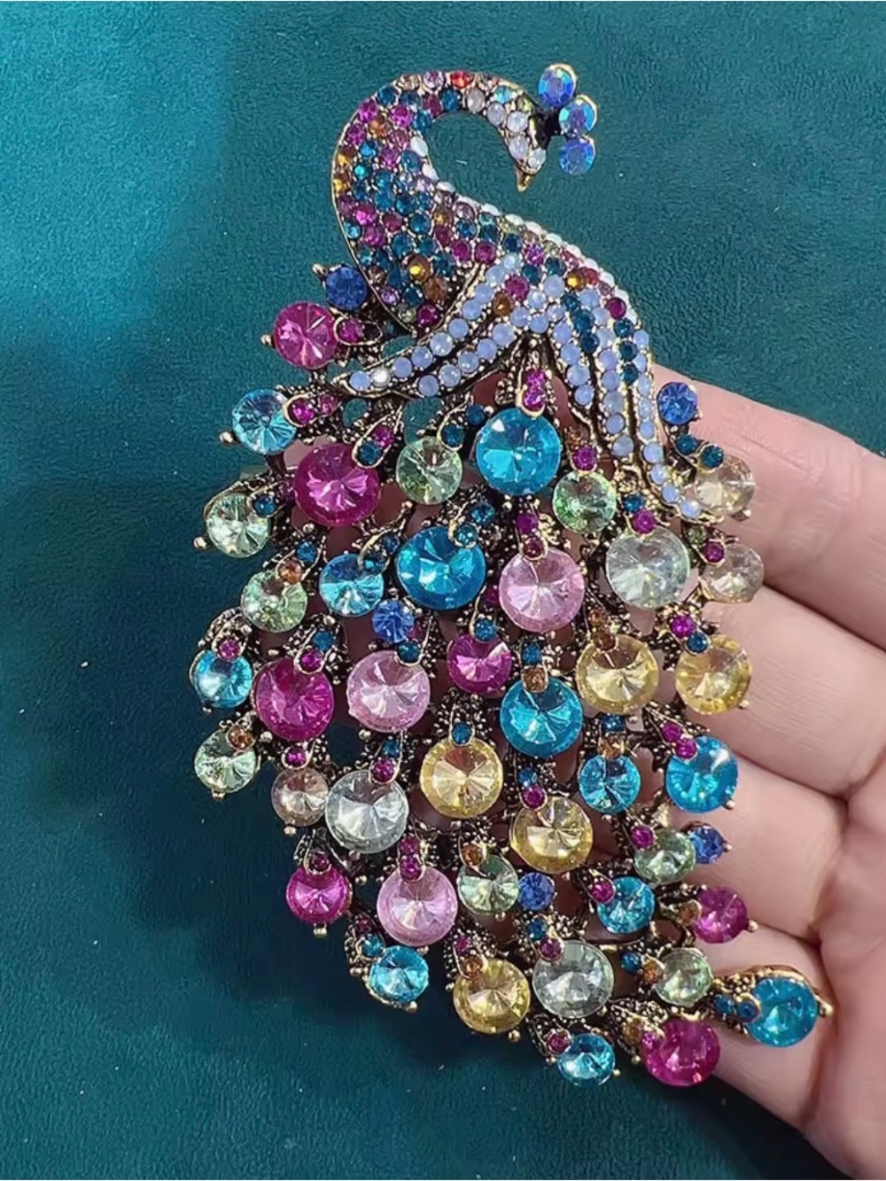 Rainbow Crystal Peacock Brooch – Jeweled Bird Pin Colorful Glam Accessory - Picture 5 of 5